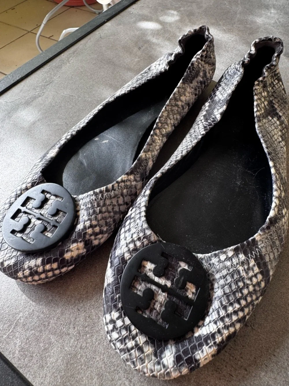 Tory Burch Snake-Print Ballet Flats in Black and Gray with Logo Medallion - Picture 1 of 10